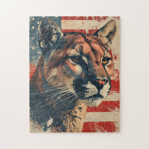 Cougar Mountain lion American flag Vintage Jigsaw Puzzle