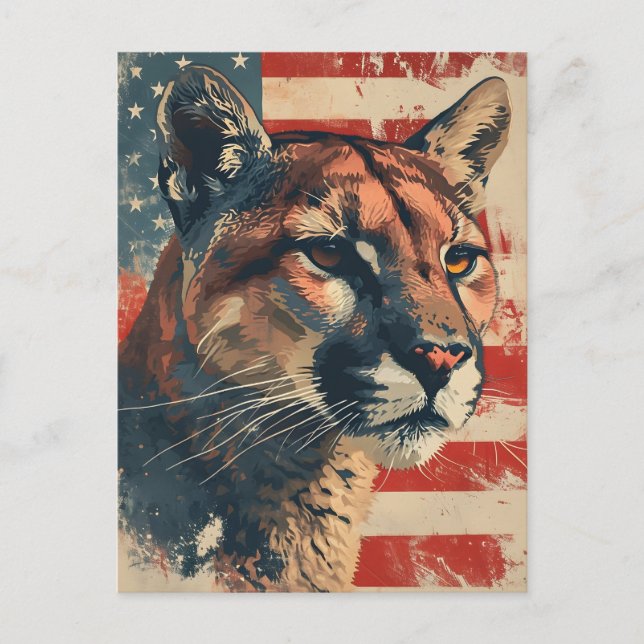 Cougar Mountain lion American flag Vintage Postcard (Front)