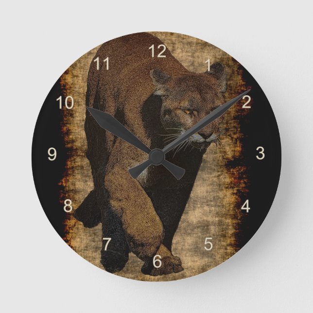 Cougar Mountain-Lion Art on a Wildlife Wall Clock (Front)