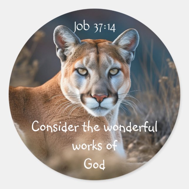 Cougar Mountain Lion Bible Scripture Job 12:14 Classic Round Sticker (Front)