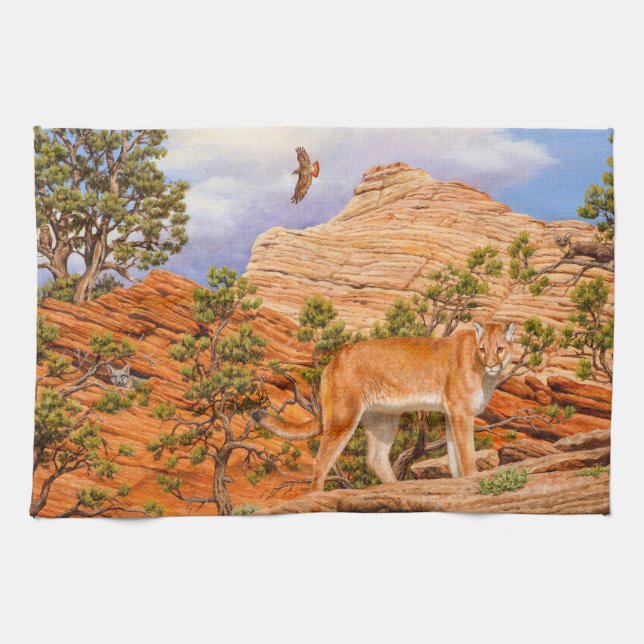 Cougar Mountain Lion In Zion National Park Tea Towel (Horizontal)
