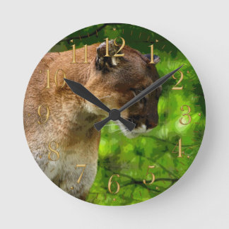 Cougar Mountain Lion & Pine Branches Wildlife Art Round Clock