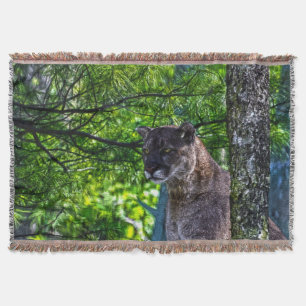 Cougar Mountain Lion & Pine Branches Wildlife II Throw Blanket