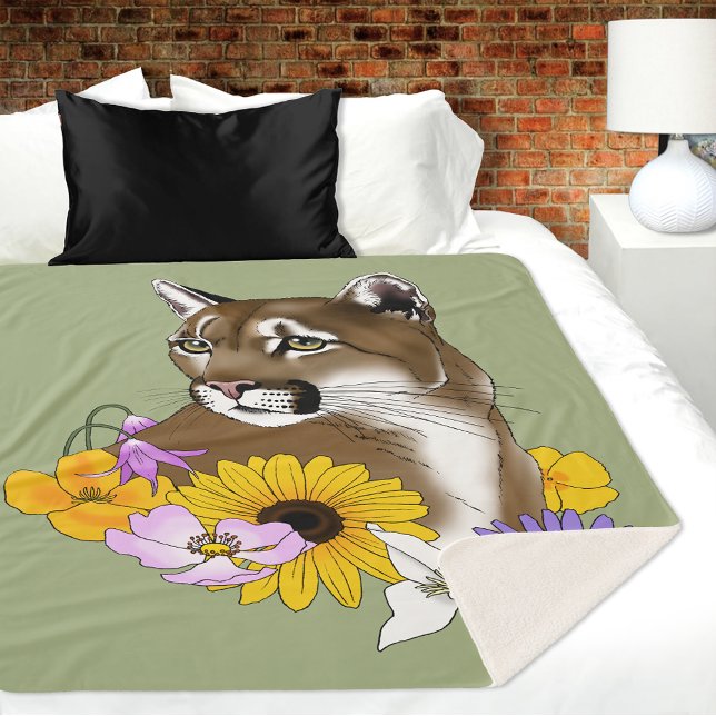 Cougar Mountain Lion Puma Flowers Sherpa Blanket (Creator Uploaded)