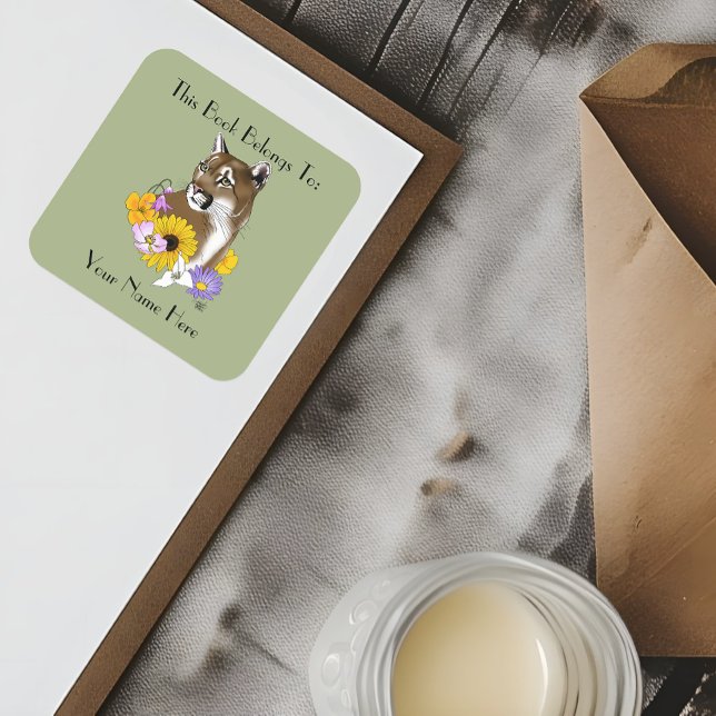 Cougar Mountain Lion Puma Flowers Square Sticker (Creator Uploaded)