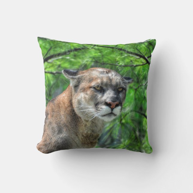 Cougar Mountain Lion & Summer Pines Wildlife Image Cushion (Front)
