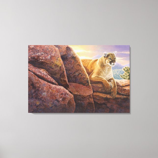 Cougar on Rocks, Colorado Sunset, Acrylic Painting Canvas Print (Front)