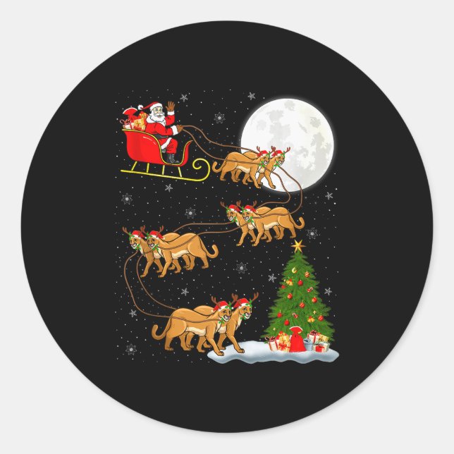 Cougar Santa Sleigh Flying Funny Magical Christmas Classic Round Sticker (Front)
