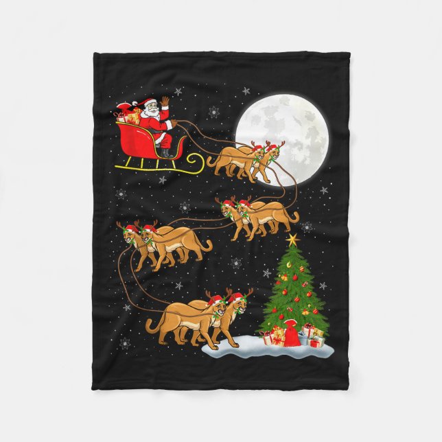 Cougar Santa Sleigh Flying Funny Magical Christmas Fleece Blanket (Front)