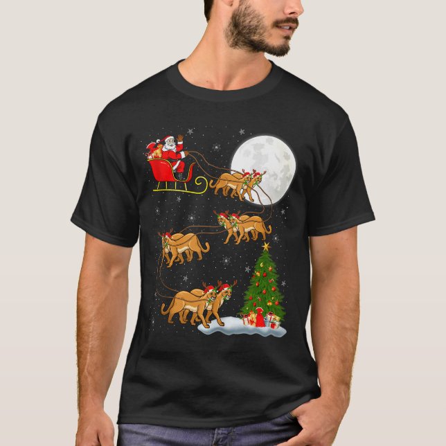 Cougar Santa Sleigh Flying Funny Magical Christmas T-Shirt (Front)