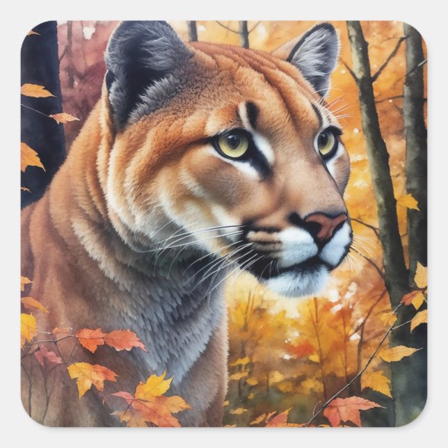 Cougar Watercolor Autumn Cat Art Square Sticker (Front)