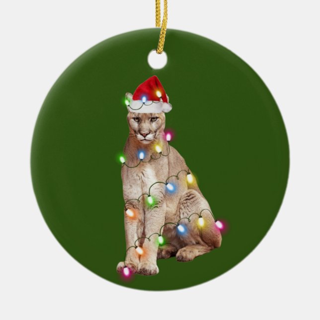 cougar With Hat Lights Christmas Ceramic Tree Decoration (Front)