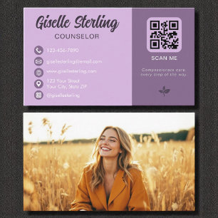 Counsellor Lavender Purple QR Code Photo Business Card