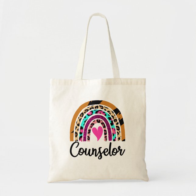 Counselor Rainbow Leopard Funny School Counselor Tote Bag (Front)