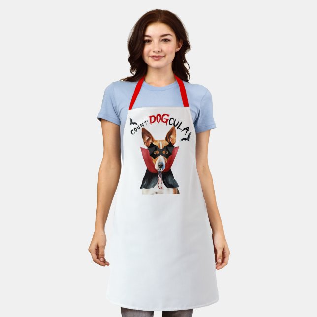 Count DOGcula Basenji Dog Funny Halloween Apron (Worn)