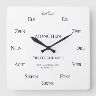 Count in German Custom City Country Time Zone Square Wall Clock