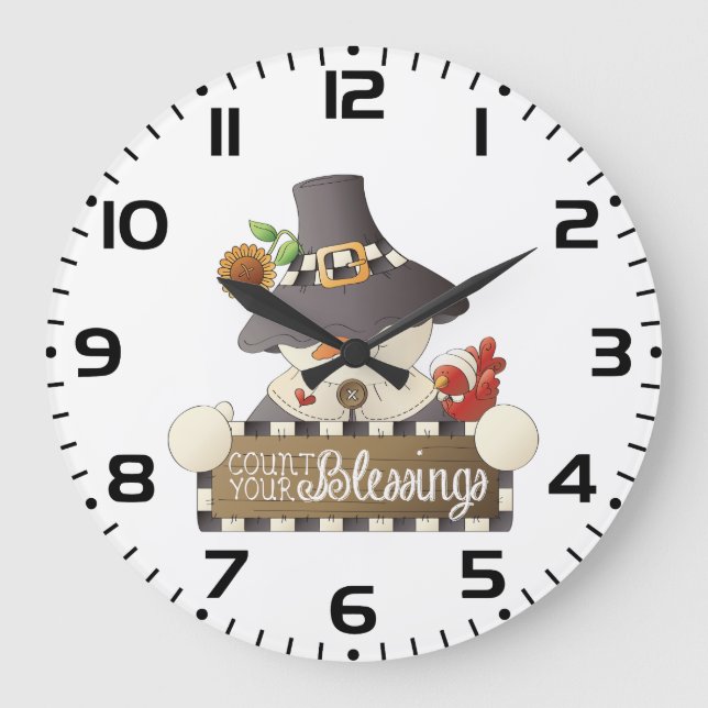 Count Your Blessings Snowman Pilgrim Large Clock (Front)