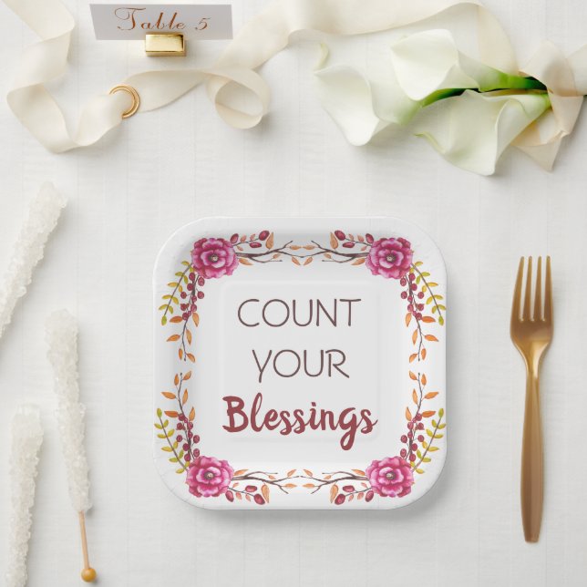 Count Your Blessings Thanksgiving Dinner Party Paper Plate (Wedding)