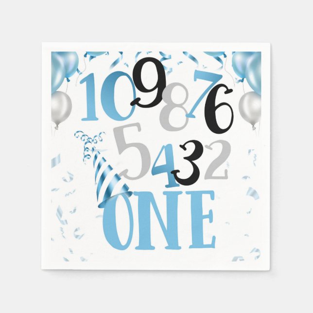 Countdown to One Party Napkins-Blue Napkin (Front)