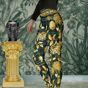 Countess Black Teal Green Plaid Gold Floral Leggings