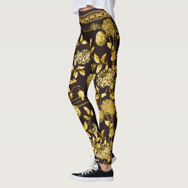 Countess Gold Chain Lion Emblem Floral Espresso Leggings (Left)