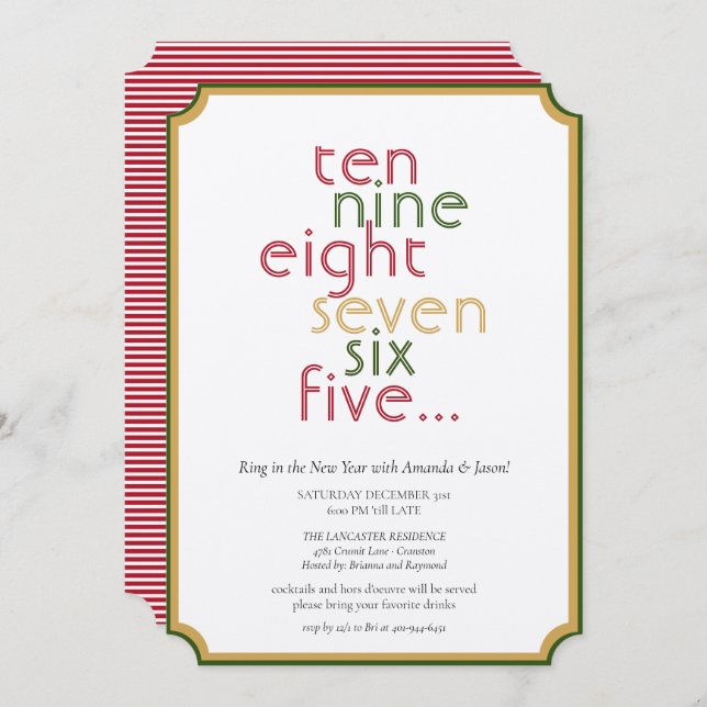 Counting Down Red Green Gold New Years Eve Party  Invitation (Front/Back)