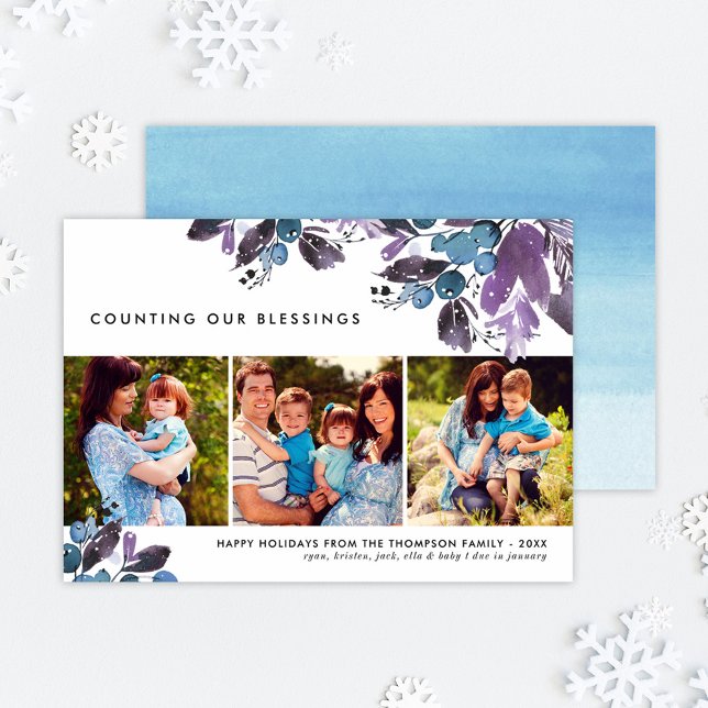 Counting Our Blessings Elegant Winter Berry Photo Holiday Card (Creator Uploaded)