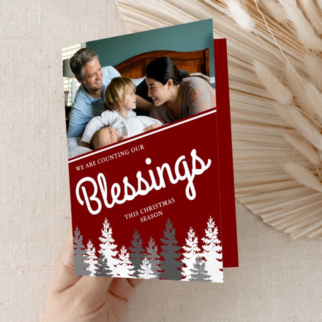 Counting Our Blessings Red Christmas Photo Pine Holiday Card (Creator Uploaded)