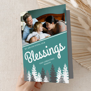 Counting Our Blessings Teal Christmas Photo Pine Holiday Card