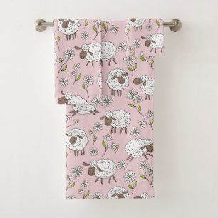 Counting sheep on cotton candy pink bath towel set