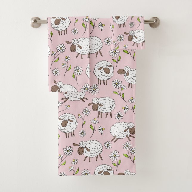 Counting sheep on cotton candy pink bath towel set (Insitu)