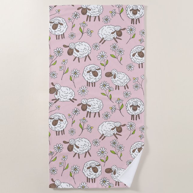 Counting sheep on cotton candy pink beach towel (Front)