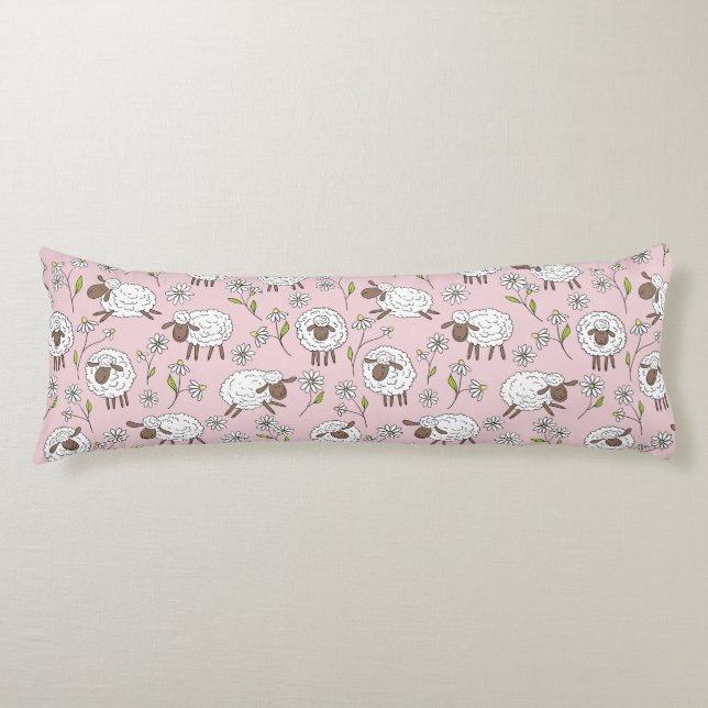 Counting sheep on cotton candy pink body cushion (Front)