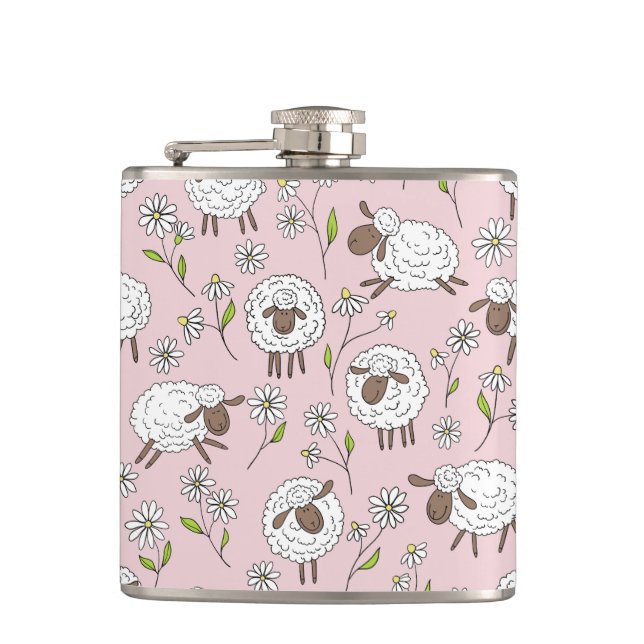 Counting sheep on cotton candy pink hip flask (Front)