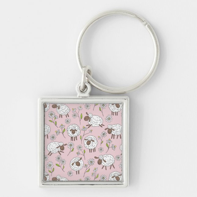 Counting sheep on cotton candy pink key ring (Front)