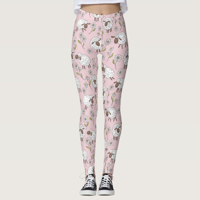 Counting sheep on cotton candy pink leggings (Front)