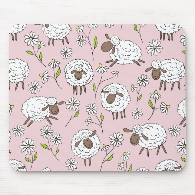 Counting sheep on cotton candy pink mouse mat (Front)