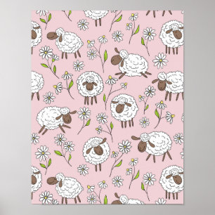 Counting sheep on cotton candy pink poster