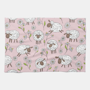 Counting sheep on cotton candy pink tea towel