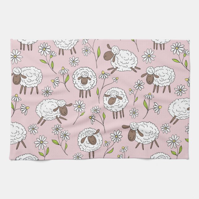 Counting sheep on cotton candy pink tea towel (Horizontal)