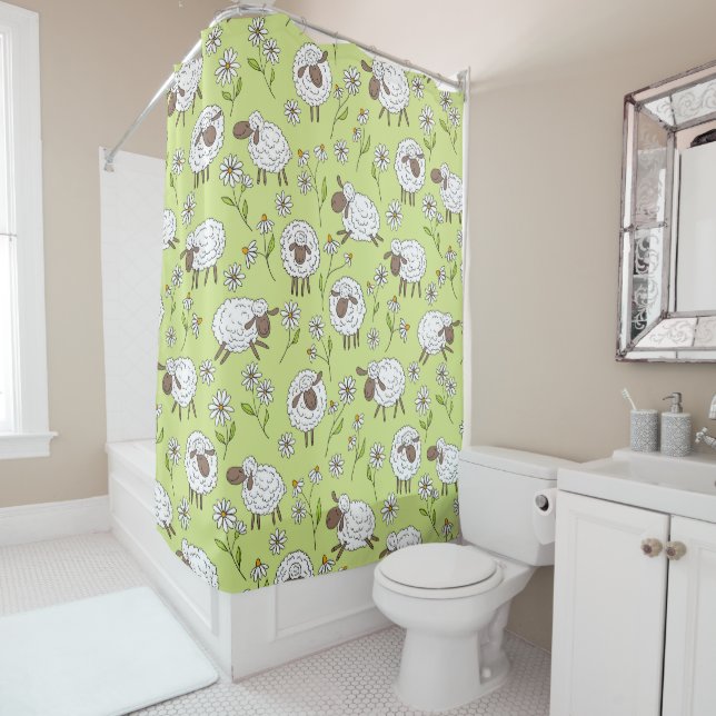 Counting sheep on honney dew green shower curtain (In Situ)