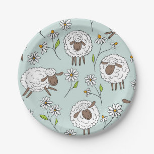 Counting sheep on sea glass blue paper plate