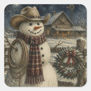 Country and Western Christmas Cowboy Snowman Square Sticker
