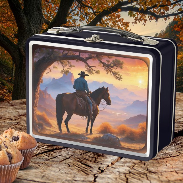 Country and Western Cowboy Horse  Metal Lunch Box (Country and western lunch box with a painting of a cowboy on his horse overlooking a sunset)
