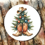 Country and Western Rustic Christmas Tree Classic Round Sticker<br><div class="desc">Cute Christmas stickers to seal envelopes or favour bags. Ai watercolor illustration of a rustic country and western themed Christmas tree with cowboy boots and hat.</div>