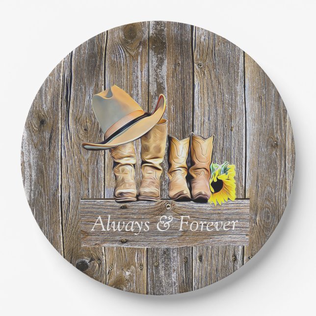 Country and Western Rustic Cowboy Boots Sunflowers Paper Plate (Front)
