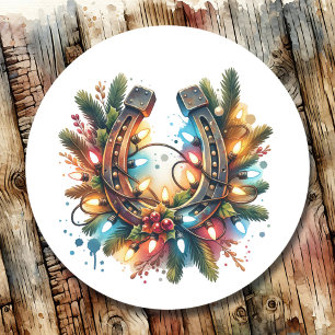 Country and Western Rustic Horseshoe Christmas Classic Round Sticker