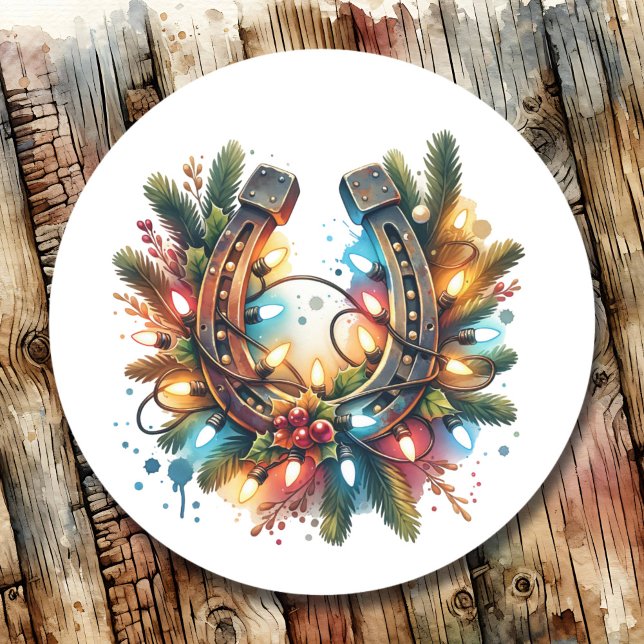 Country and Western Rustic Horseshoe Christmas Classic Round Sticker (Creator Uploaded)