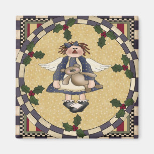 Country Angel and Teddy Bear Christmas Magnet