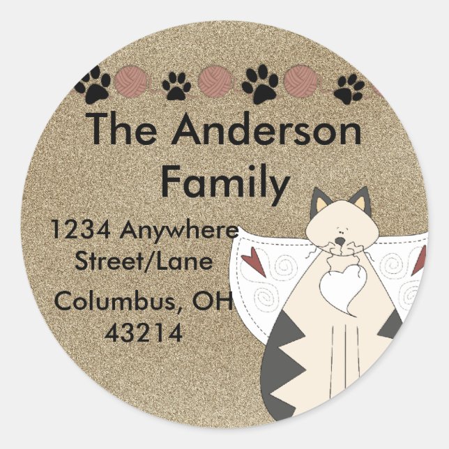 Country Angel Cat Round Return Address Label (Front)